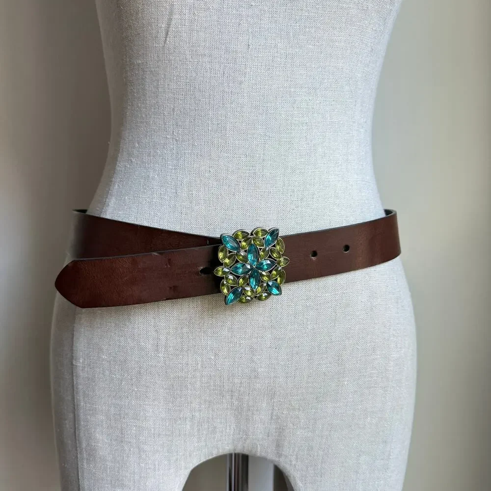 Y2K Brown Leather Belt Floral Rhinestone Buckle Blue Green Western Boho USA